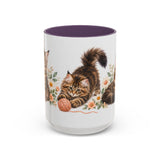 Maine Coon Mug, Cute Watercolor Cat Coffee Cup, Floral Pet Lover Gift, 11oz 15oz Ceramic Accent Mug — 15oz / Purple — front