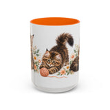 Maine Coon Mug, Cute Watercolor Cat Coffee Cup, Floral Pet Lover Gift, 11oz 15oz Ceramic Accent Mug — 15oz / Orange — front