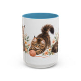 Maine Coon Mug, Cute Watercolor Cat Coffee Cup, Floral Pet Lover Gift, 11oz 15oz Ceramic Accent Mug — 15oz / Light Blue — front