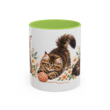 Maine Coon Mug, Cute Watercolor Cat Coffee Cup, Floral Pet Lover Gift, 11oz 15oz Ceramic Accent Mug — 11oz / Light Green — front