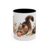 Maine Coon Mug, Cute Watercolor Cat Coffee Cup, Floral Pet Lover Gift, 11oz 15oz Ceramic Accent Mug — 11oz / Black — front