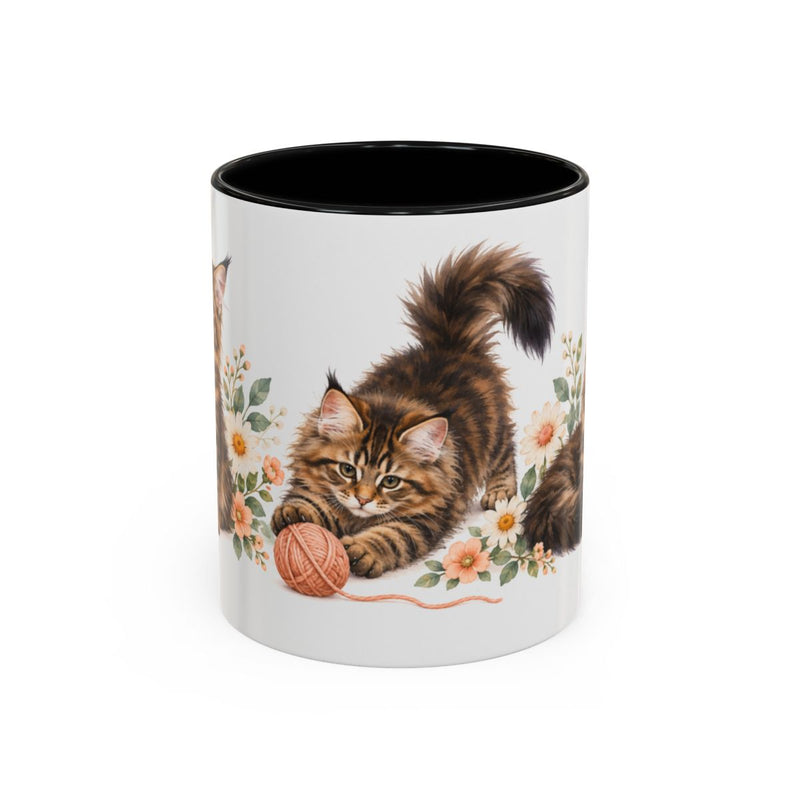 Maine Coon Mug, Cute Watercolor Cat Coffee Cup, Floral Pet Lover Gift, 11oz 15oz Ceramic Accent Mug — 11oz / Black — front