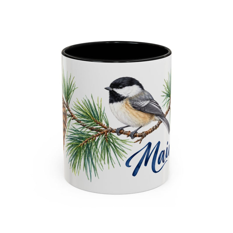 Maine State Bird and Flower Mug, Watercolor Botanical Coffee Cup, Nature Lover Gift, 11oz 15oz Accent Mug — 11oz / Black — front