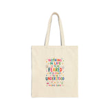 Marie Curie Quote Tote Bag — Inspirational Canvas Bag — Colorful Literary Gift — Front view — Photo 1