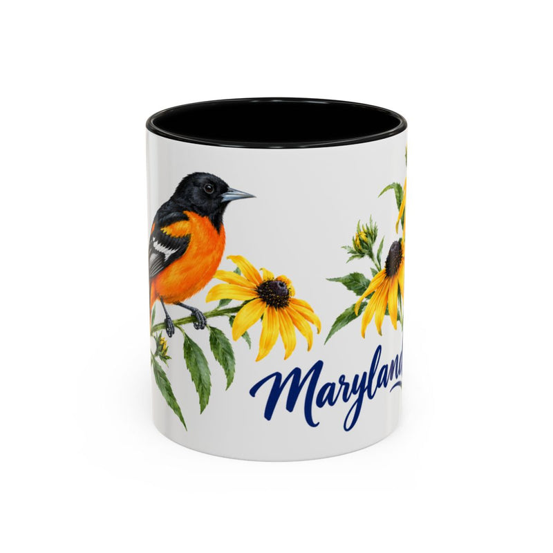 Maryland State Bird and Flower Mug, Watercolor Botanical Coffee Cup, Nature Lover Gift, 11oz 15oz Accent Mug — 11oz / Black — front