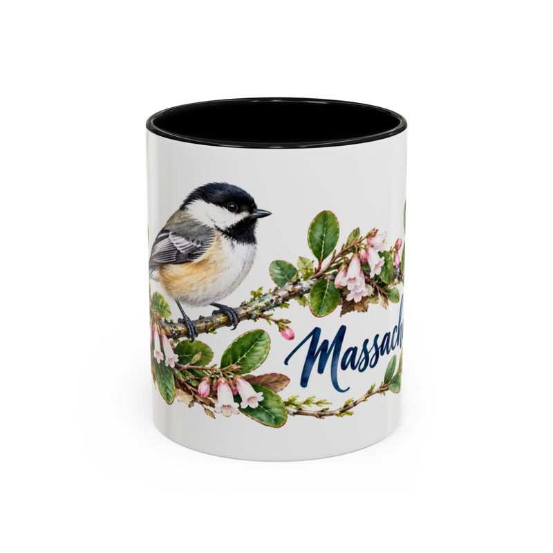 Massachusetts State Bird and Flower Mug, Watercolor Botanical Coffee Cup, Nature Lover Gift, 11oz 15oz Accent Mug — 11oz / Black — front