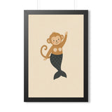 Mermaid Monkey Framed Nursery Poster — Storybook Wall Art — Kids Room Decor — Black Walnut White Frame — 16x24 20x30 — Front view — Photo 2