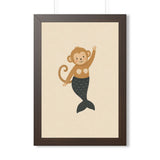 Mermaid Monkey Framed Nursery Poster — Storybook Wall Art — Kids Room Decor — Black Walnut White Frame — 16x24 20x30 — Front view — Photo 3