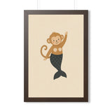 Mermaid Monkey Framed Nursery Poster — Storybook Wall Art — Kids Room Decor — Black Walnut White Frame — 16x24 20x30 — Front view — Photo 4