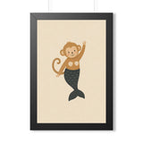 Mermaid Monkey Framed Nursery Poster — Storybook Wall Art — Kids Room Decor — Black Walnut White Frame — 16x24 20x30 — Front view — Photo 1
