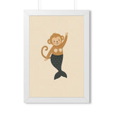 Mermaid Monkey Framed Nursery Poster — Storybook Wall Art — Kids Room Decor — Black Walnut White Frame — 16x24 20x30 — Front view — Photo 5