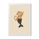 Mermaid Monkey Framed Nursery Poster — Storybook Wall Art — Kids Room Decor — Black Walnut White Frame — 16x24 20x30 — Front view — Photo 6