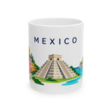 Mexico Travel Souvenir Mug — Pyramid & Colorful Town — Soccer Fan Gift — White Ceramic 11oz 15oz — Front view — Photo 1