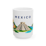 Mexico Travel Souvenir Mug — Pyramid & Colorful Town — Soccer Fan Gift — White Ceramic 11oz 15oz — Front view — Photo 2
