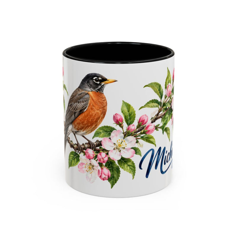 Michigan State Bird and Flower Mug, Watercolor Botanical Coffee Cup, Nature Lover Gift, 11oz 15oz Accent Mug — 11oz / Black — front
