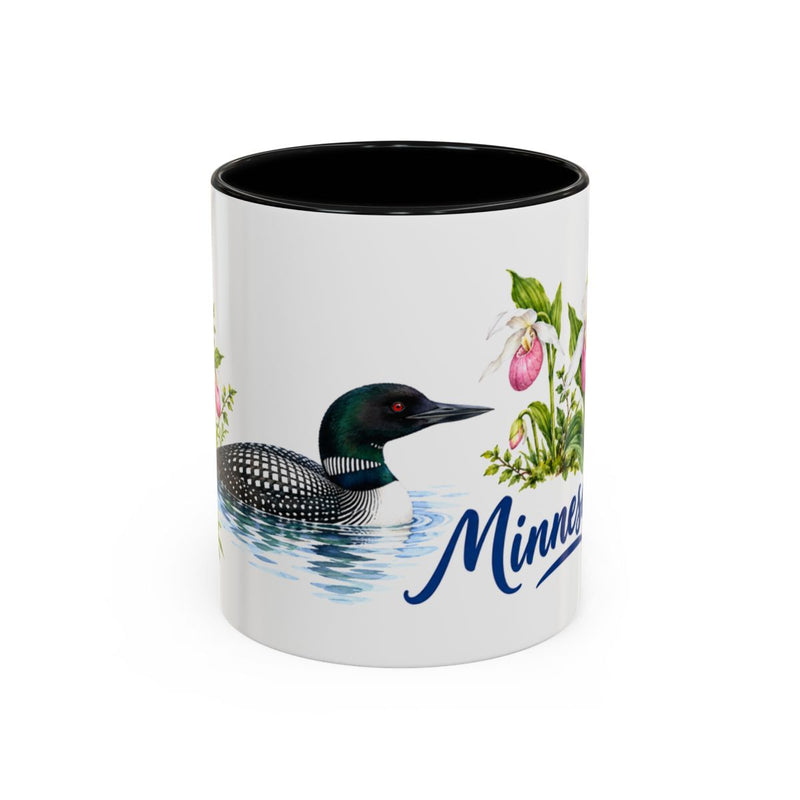 Minnesota State Bird and Flower Mug, Watercolor Botanical Coffee Cup, Nature Lover Gift, 11oz 15oz Accent Mug — 11oz / Black — front