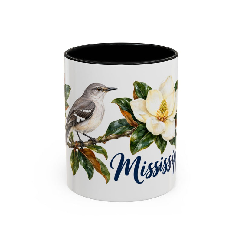 Mississippi State Bird and Flower Mug, Watercolor Botanical Coffee Cup, Nature Lover Gift, 11oz 15oz Accent Mug — 11oz / Black — front