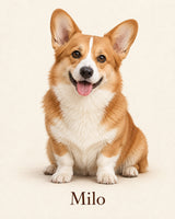 Flat print artwork example — your own pet photo and name will replace the example after proof approval