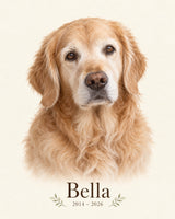 Flat print artwork example — your own pet photo and name will replace the example after proof approval