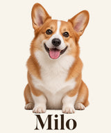 Flat print artwork example — your own pet photo and name will replace the example after proof approval