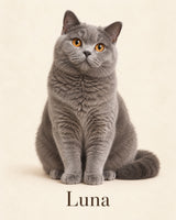 Flat print artwork example — your own pet photo and name will replace the example after proof approval