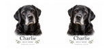 Flat print artwork example — your own pet photo and name will replace the example after proof approval