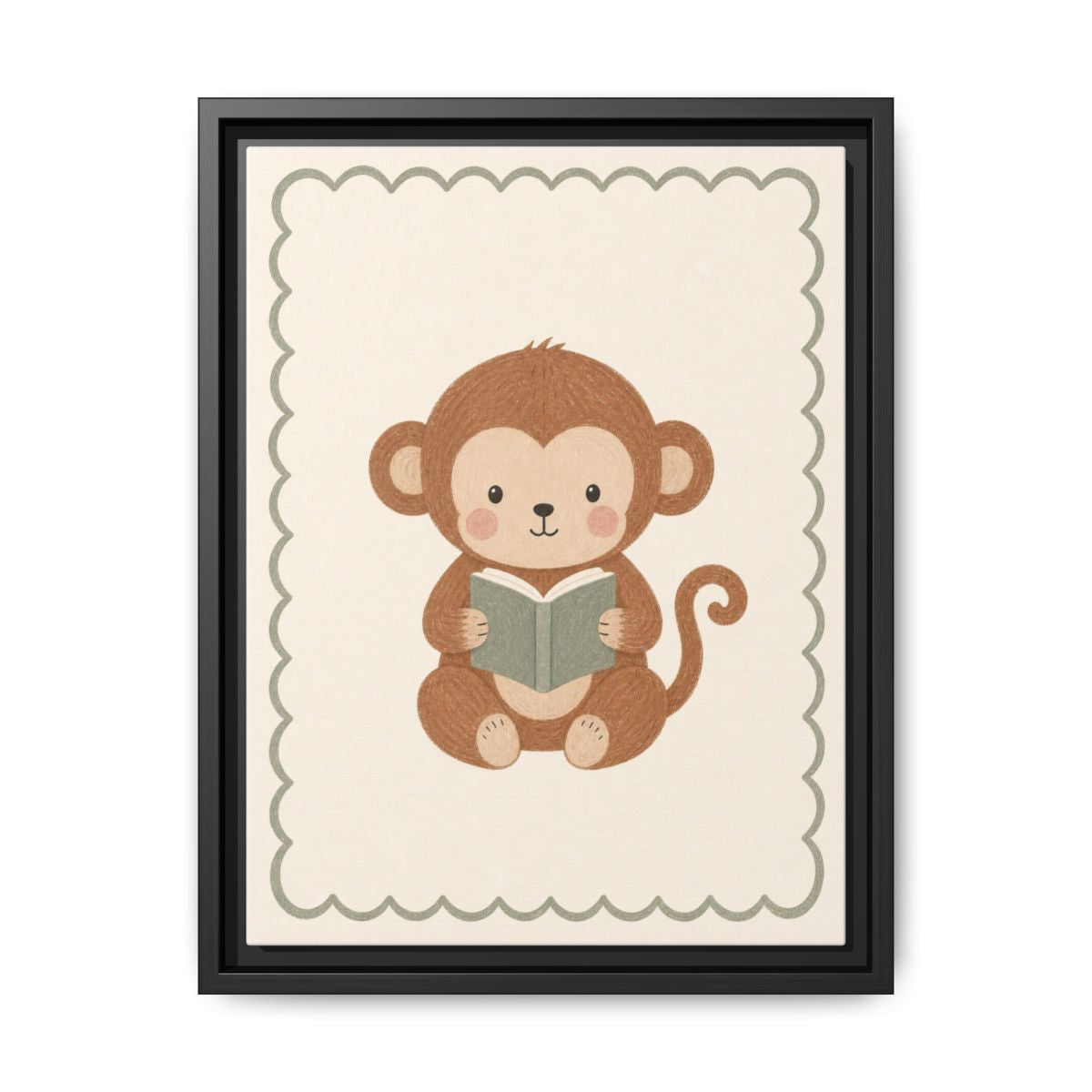 Monkey Book Framed Nursery Canvas, Storybook Kids Room Wall Art, 12x16 18x24 — Front view — Photo 1