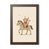 Monkey Riding Horse Framed Nursery Poster — Storybook Wall Art — Kids Room Decor — Black Walnut White Frame — 16x24 20x30 — Front view — Photo 3