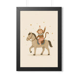 Monkey Riding Horse Framed Nursery Poster — Storybook Wall Art — Kids Room Decor — Black Walnut White Frame — 16x24 20x30 — Front view — Photo 1