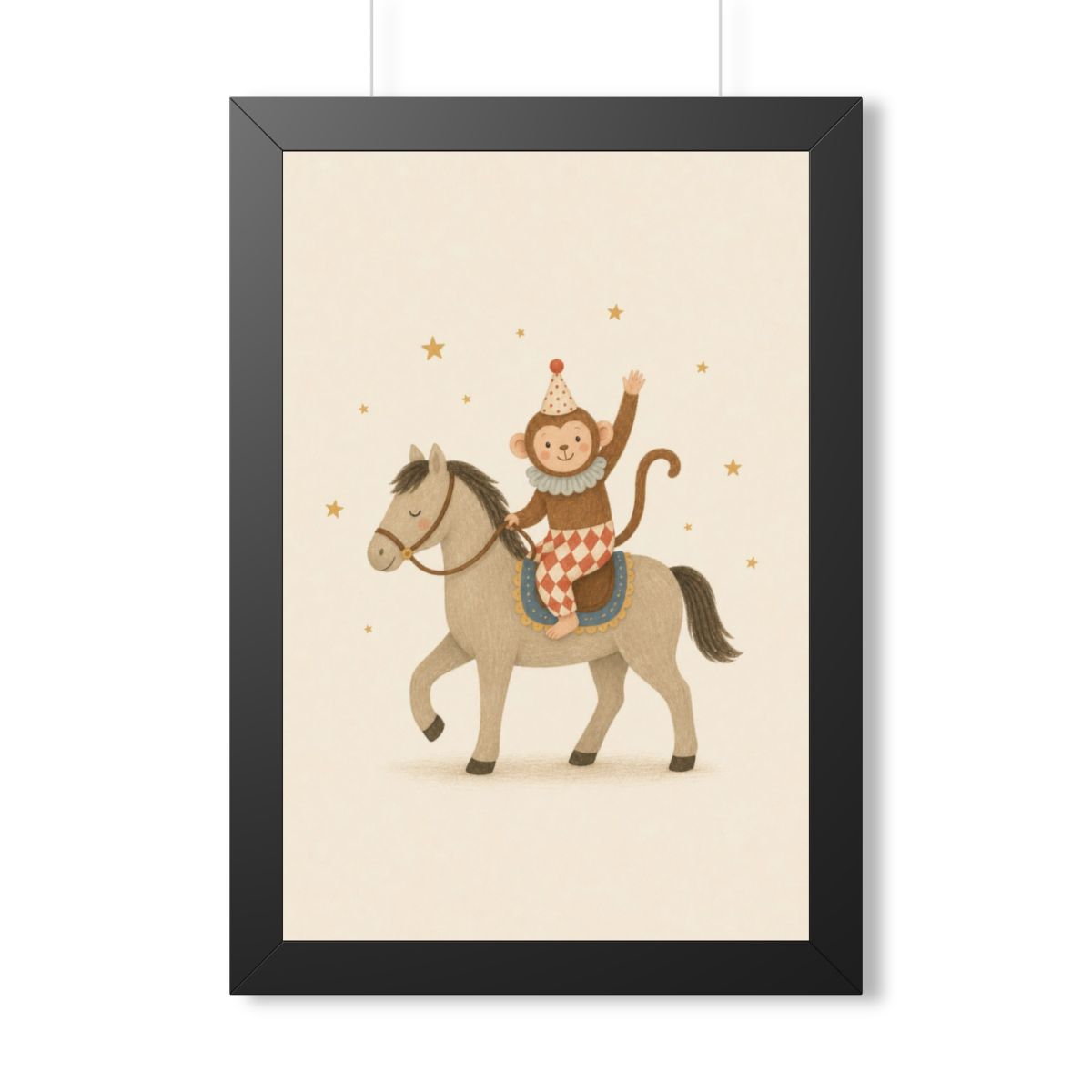 Monkey Riding Horse Framed Nursery Poster — Storybook Wall Art — Kids Room Decor — Black Walnut White Frame — 16x24 20x30 — Front view — Photo 1