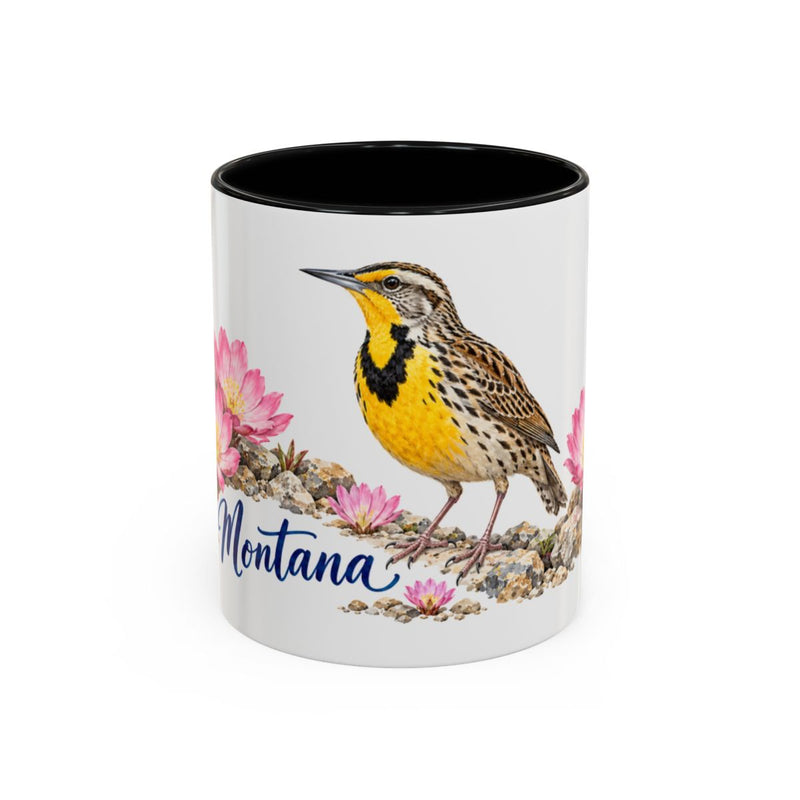 Montana State Bird and Flower Mug, Watercolor Botanical Coffee Cup, Nature Lover Gift, 11oz 15oz Accent Mug — 11oz / Black — front