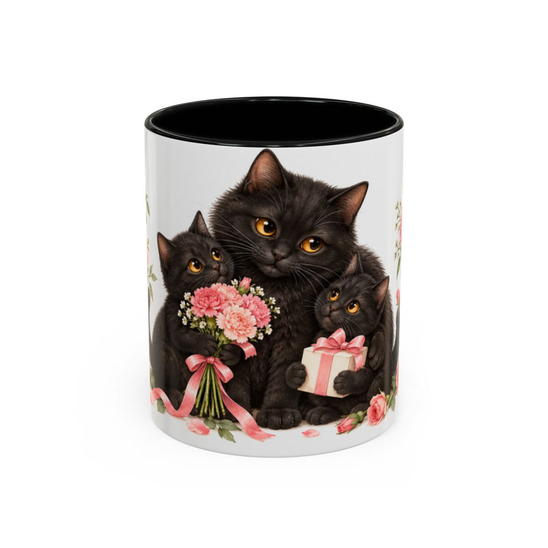 Mother's Day Black Cat Mug, Carnation Cuddles, Cute Animal Lover Gift, Watercolor Ceramic Coffee Cup, 11oz 15oz — 11oz / Black — front