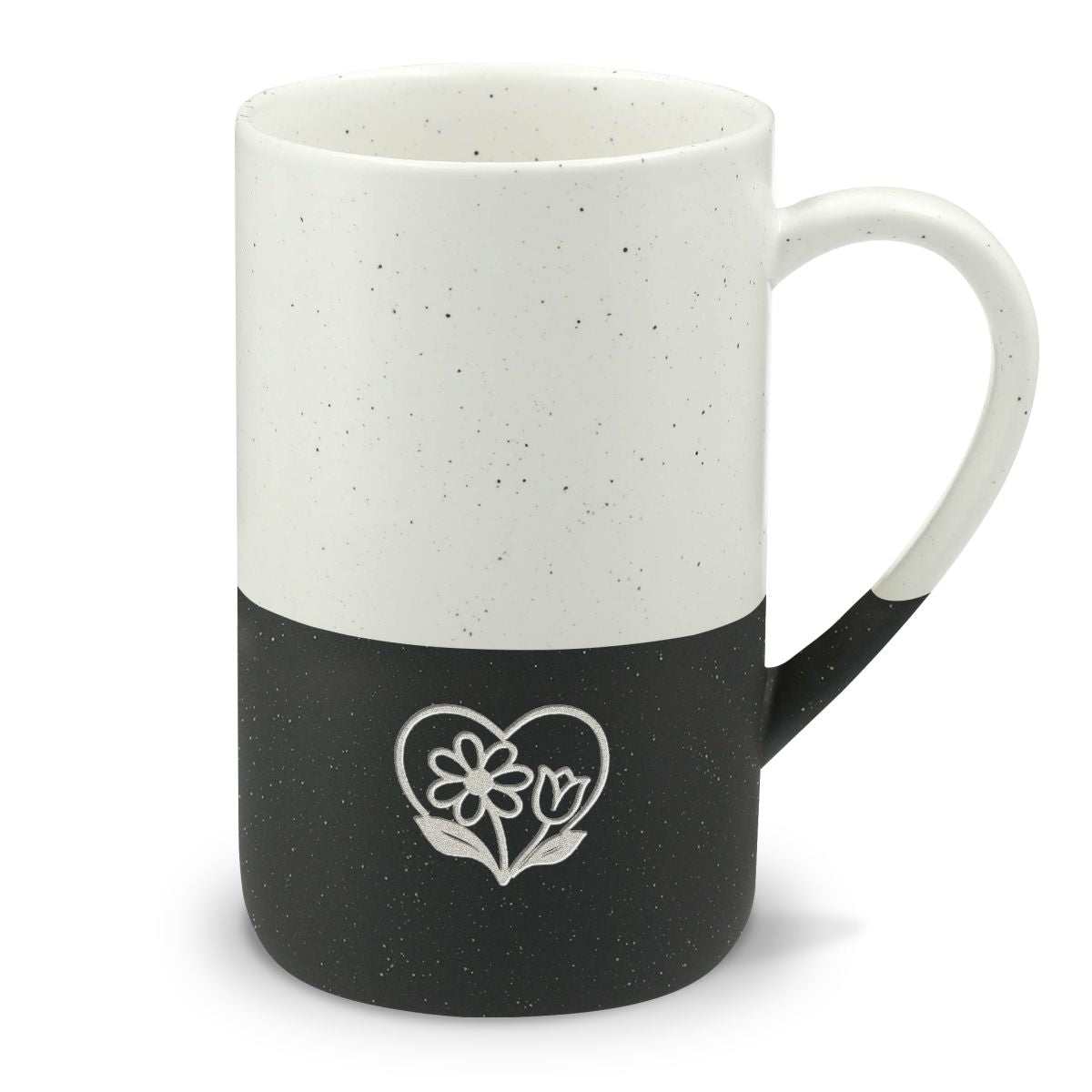 Mother's Day Engraved Mug, Mothers Day Floral Heart, 13oz Speckled Ceramic Coffee Cup, Holiday Gift — Front view — Photo 1