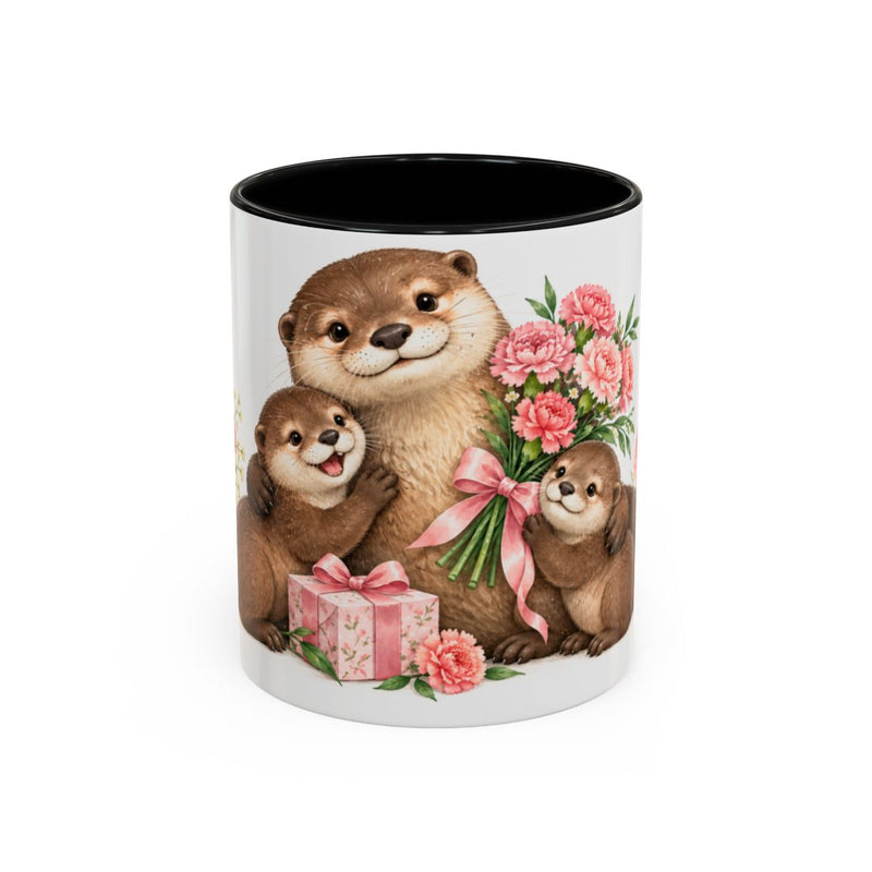Mother's Day Otter Mug, River Mother, Cute Animal Lover Gift, Watercolor Ceramic Coffee Cup, 11oz 15oz — 11oz / Black — front