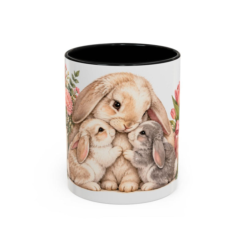 Mother's Day Rabbit Mug, Spring Mother, Cute Animal Lover Gift, Watercolor Ceramic Coffee Cup, 11oz 15oz — 11oz / Black — front