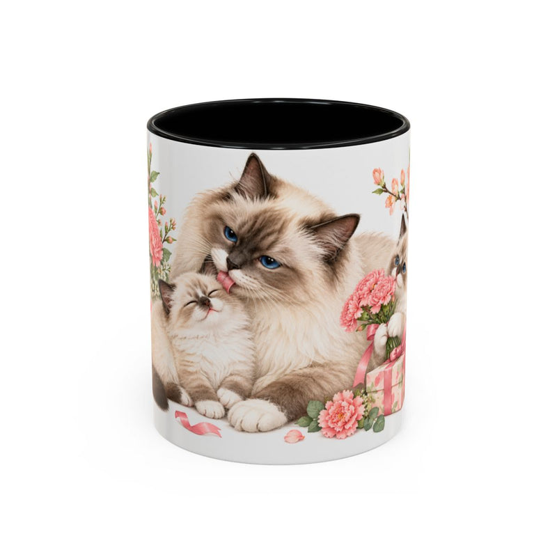 Mother's Day Ragdoll Cat Mug, Mothers Bouquet, Cute Animal Lover Gift, Watercolor Ceramic Coffee Cup, 11oz 15oz — 11oz / Black — front