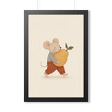 Mouse Carrying Pear Framed Nursery Poster — Storybook Wall Art — Kids Room Decor — Black Walnut White Frame — 16x24 20x30 — Front view — Photo 2