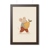 Mouse Carrying Pear Framed Nursery Poster — Storybook Wall Art — Kids Room Decor — Black Walnut White Frame — 16x24 20x30 — Front view — Photo 3