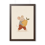 Mouse Carrying Pear Framed Nursery Poster — Storybook Wall Art — Kids Room Decor — Black Walnut White Frame — 16x24 20x30 — Front view — Photo 4