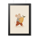 Mouse Carrying Pear Framed Nursery Poster — Storybook Wall Art — Kids Room Decor — Black Walnut White Frame — 16x24 20x30 — Front view — Photo 1