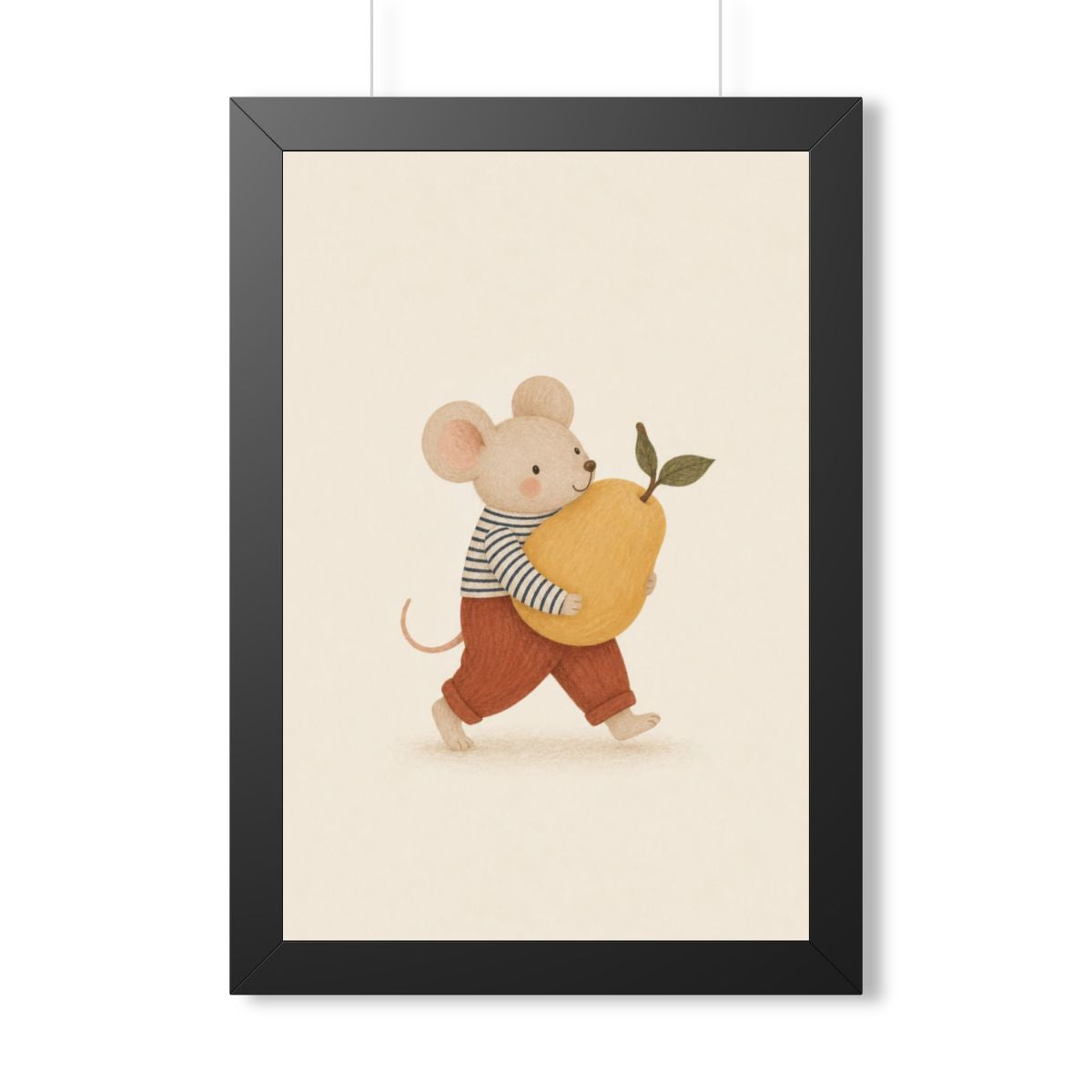 Mouse Carrying Pear Framed Nursery Poster — Storybook Wall Art — Kids Room Decor — Black Walnut White Frame — 16x24 20x30 — Front view — Photo 1