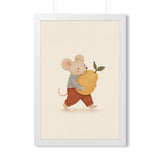 Mouse Carrying Pear Framed Nursery Poster — Storybook Wall Art — Kids Room Decor — Black Walnut White Frame — 16x24 20x30 — Front view — Photo 6