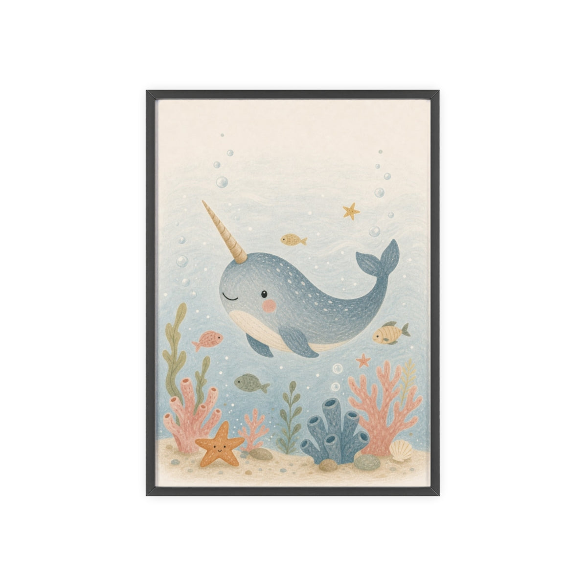 Narwhal Ocean Framed Nursery Poster, Storybook Kids Room Wall Art, A4 A3 Size — Front view — Photo 1