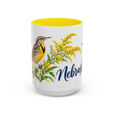 Nebraska State Bird and Flower Mug, Watercolor Botanical Coffee Cup, Nature Lover Gift, 11oz 15oz Accent Mug — 15oz / Yellow — front