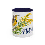 Nebraska State Bird and Flower Mug, Watercolor Botanical Coffee Cup, Nature Lover Gift, 11oz 15oz Accent Mug — 11oz / Navy — front