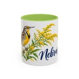 Nebraska State Bird and Flower Mug, Watercolor Botanical Coffee Cup, Nature Lover Gift, 11oz 15oz Accent Mug — 11oz / Light Green — front