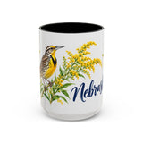 Nebraska State Bird and Flower Mug, Watercolor Botanical Coffee Cup, Nature Lover Gift, 11oz 15oz Accent Mug — 15oz / Black — front