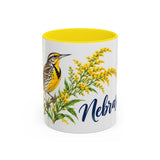 Nebraska State Bird and Flower Mug, Watercolor Botanical Coffee Cup, Nature Lover Gift, 11oz 15oz Accent Mug — 11oz / Yellow — front