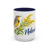 Nebraska State Bird and Flower Mug, Watercolor Botanical Coffee Cup, Nature Lover Gift, 11oz 15oz Accent Mug — 15oz / Navy — front