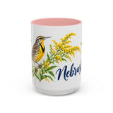 Nebraska State Bird and Flower Mug, Watercolor Botanical Coffee Cup, Nature Lover Gift, 11oz 15oz Accent Mug — 15oz / Pink — front